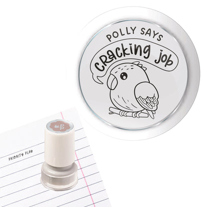 A cute parrot illustration with the words “Polly says cracking job” on a circular teacher stamp.
