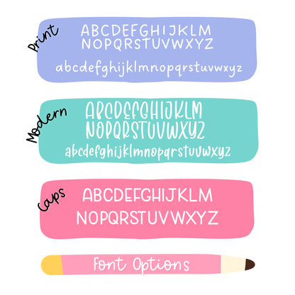 Three colored text boxes displaying different font styles on a white background.