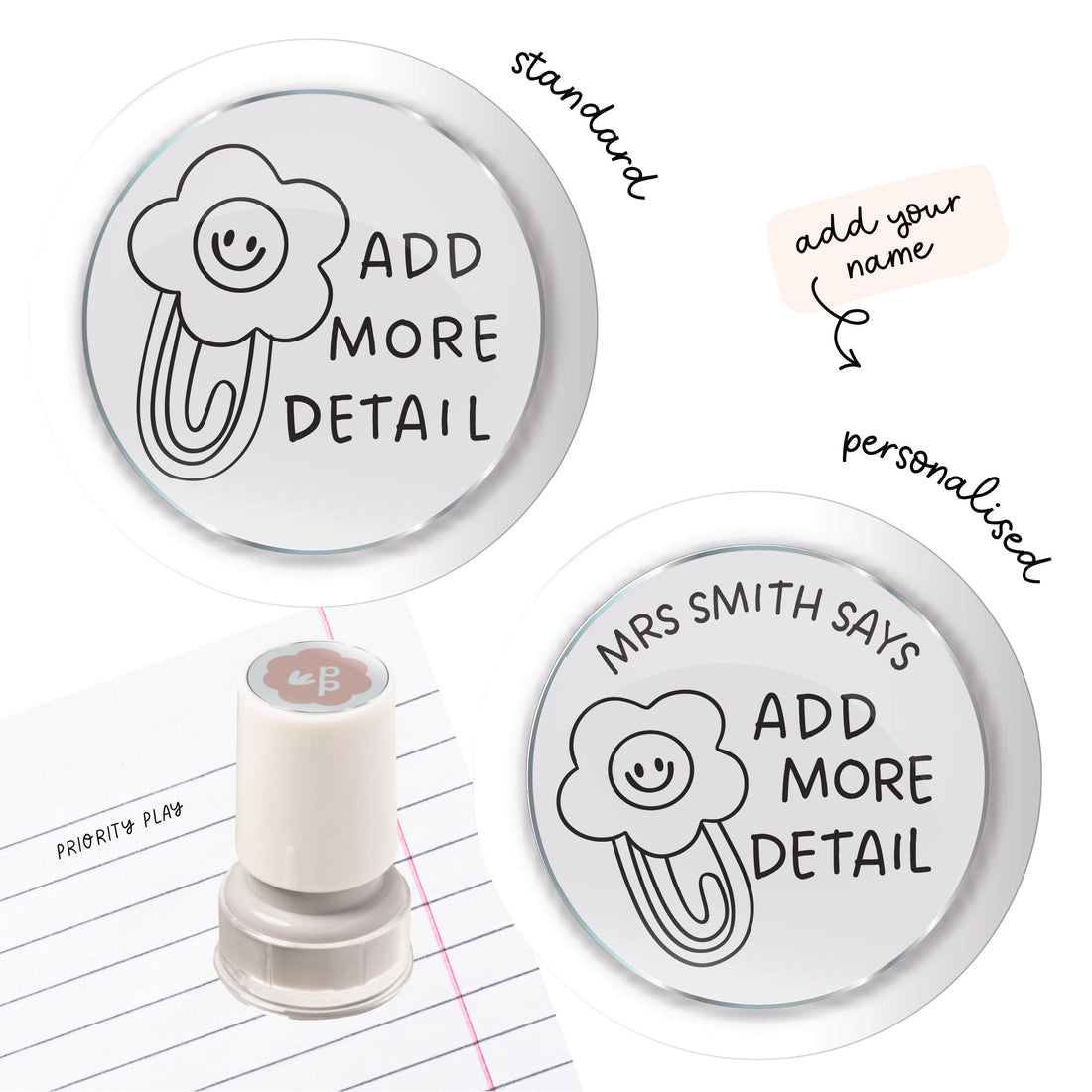 Add more detail teacher stamp with flower paperclip character – Priority Play feedback stamp