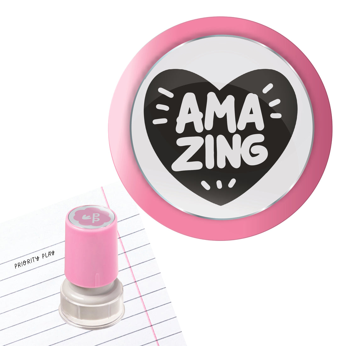 Priority Play “Amazing” teacher stamp inside a bold heart-shaped graphic.