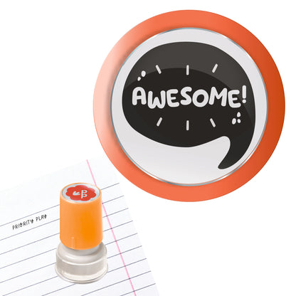 Orange teacher stamp with a bold speech-bubble design and the word “Awesome!” in playful lettering.