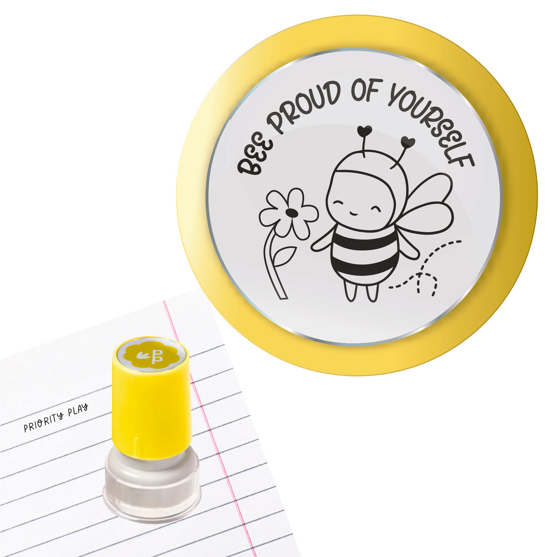Priority Play ‘Bee Proud of Yourself’ teacher stamp showing a cute bee and a flower