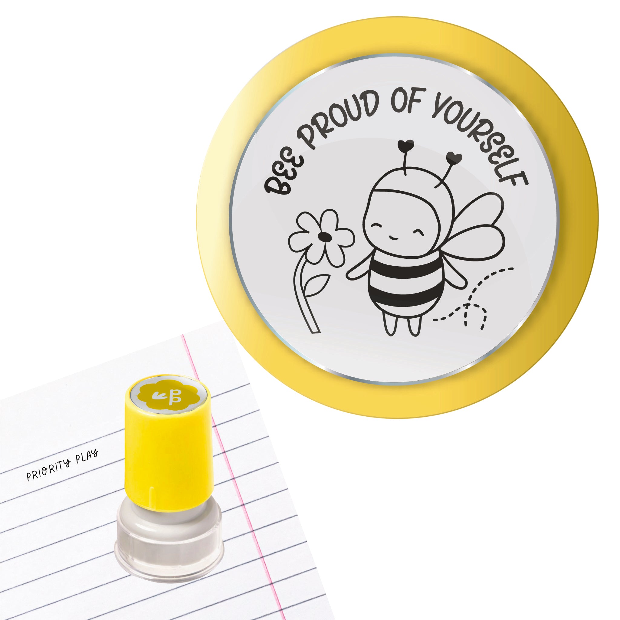 Priority Play ‘Bee Proud of Yourself’ teacher stamp showing a cute bee and a flower