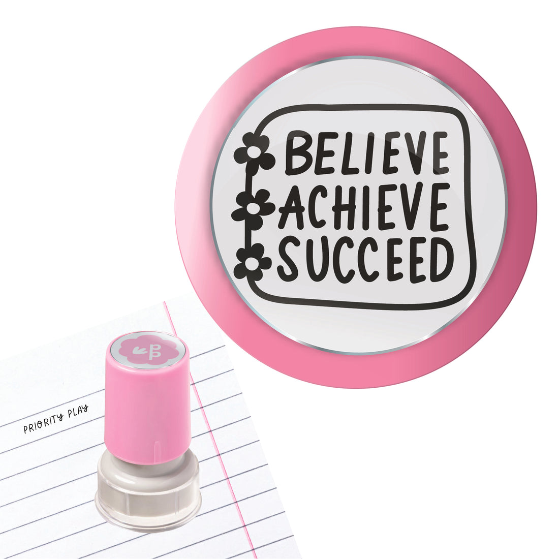 Pink teacher stamp showing the words “Believe Achieve Succeed” inside a notebook-style border with flower icons.