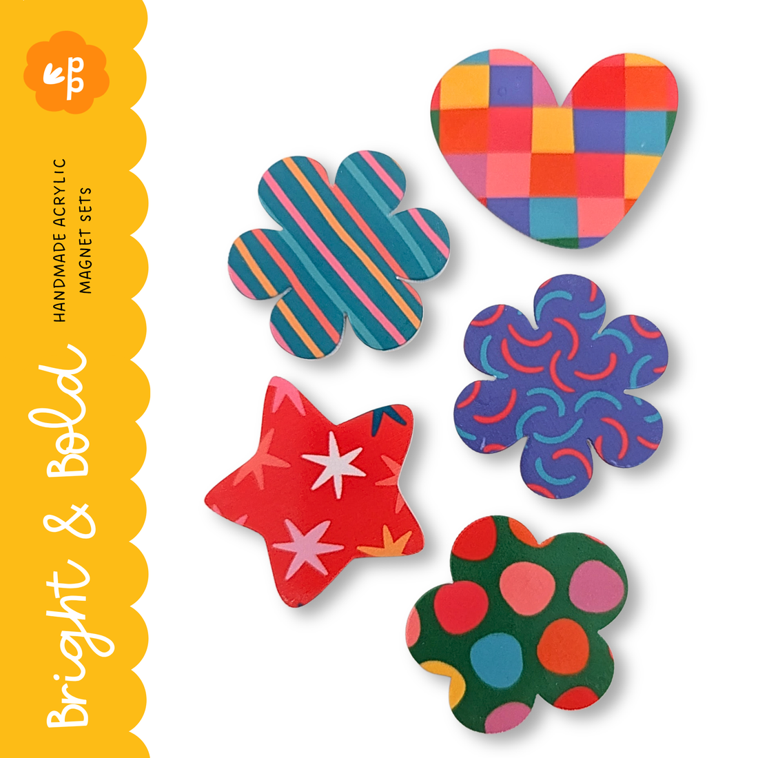 Bright and bold patterned magnet set with stripes, spots and geometric designs – 5 pack of colourful classroom magnets for whiteboards and organisation.