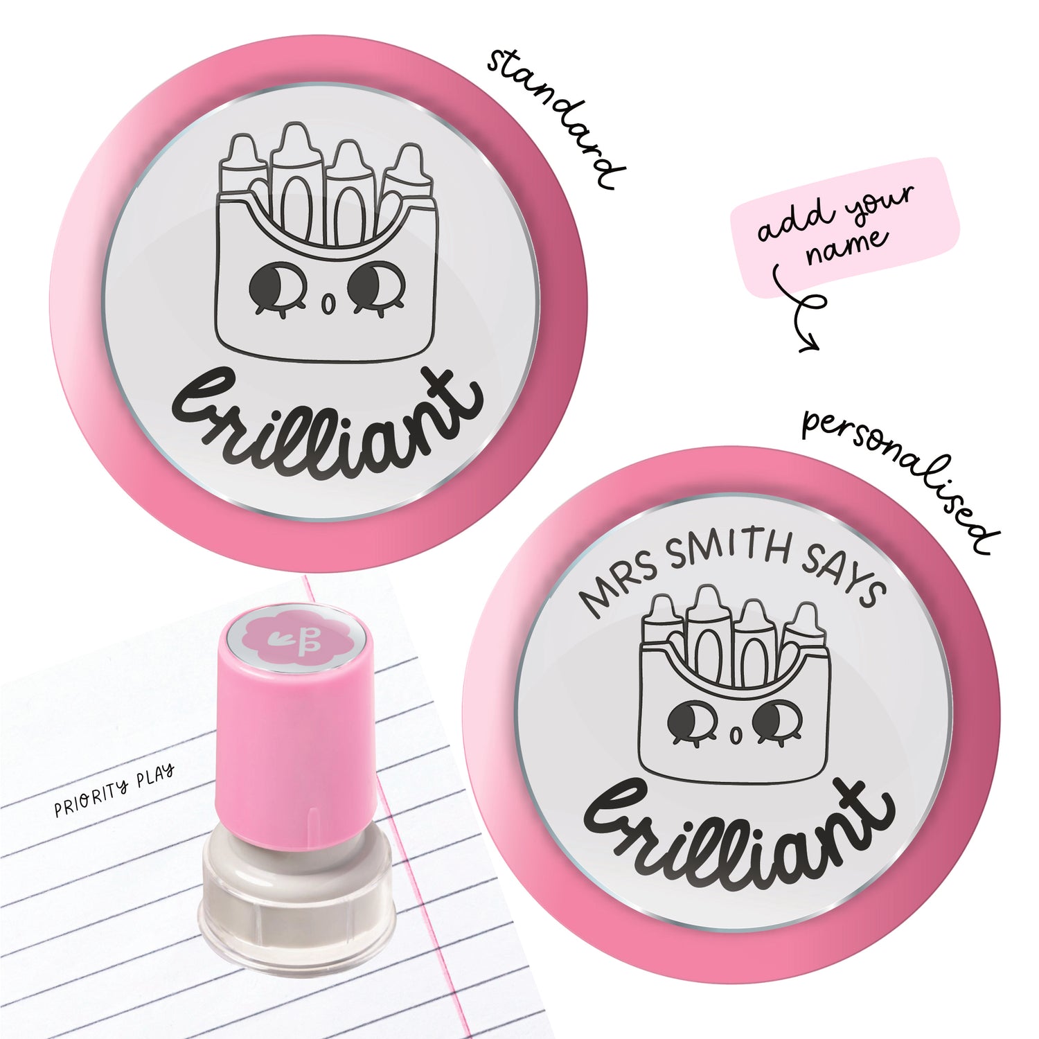 Brilliant teacher stamp with a smiling crayon box illustration, available in standard and personalised formats from Priority Play
