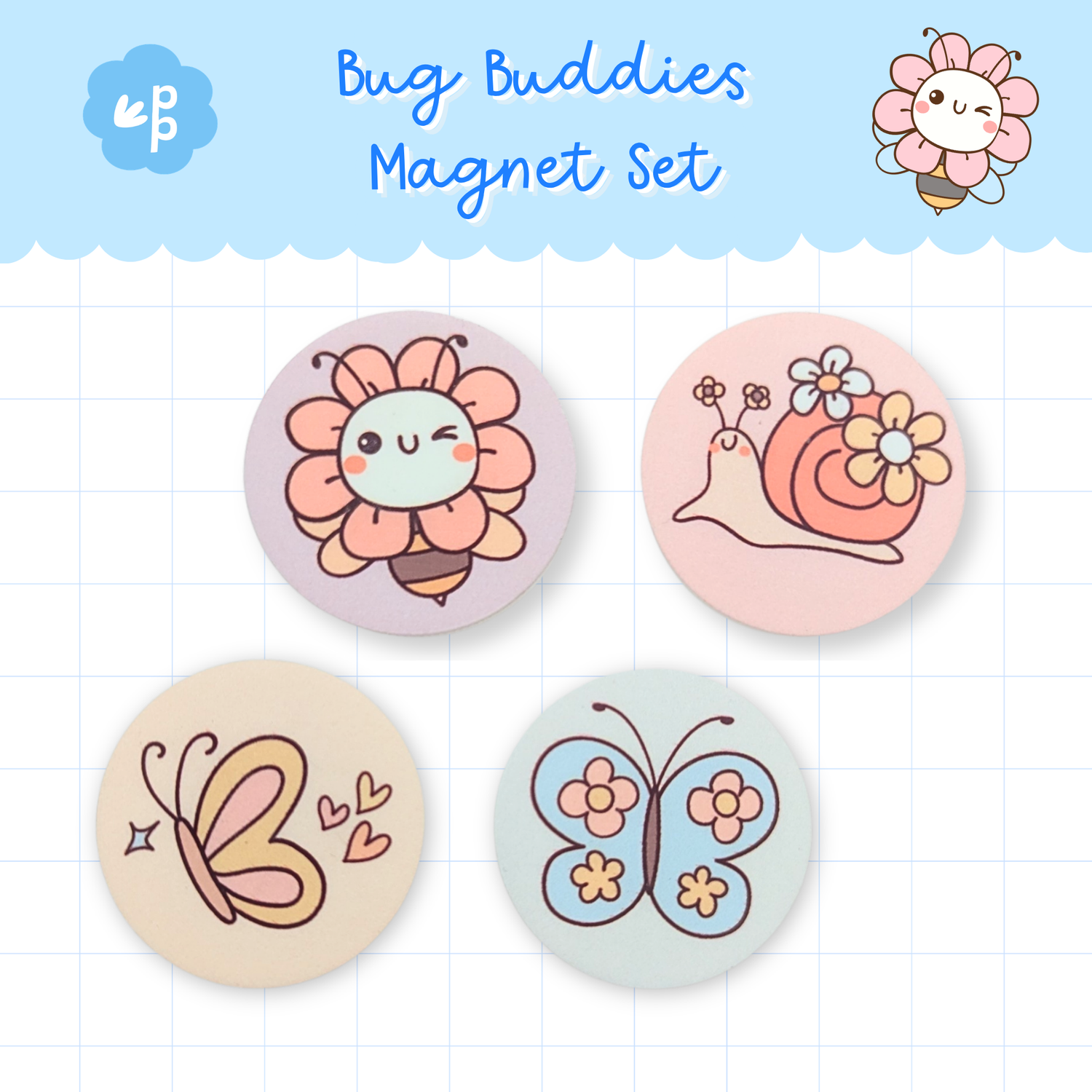 Bug Buddies teacher magnet set featuring cute bee, snail and butterfly designs – pastel classroom magnets for whiteboards and organisation.