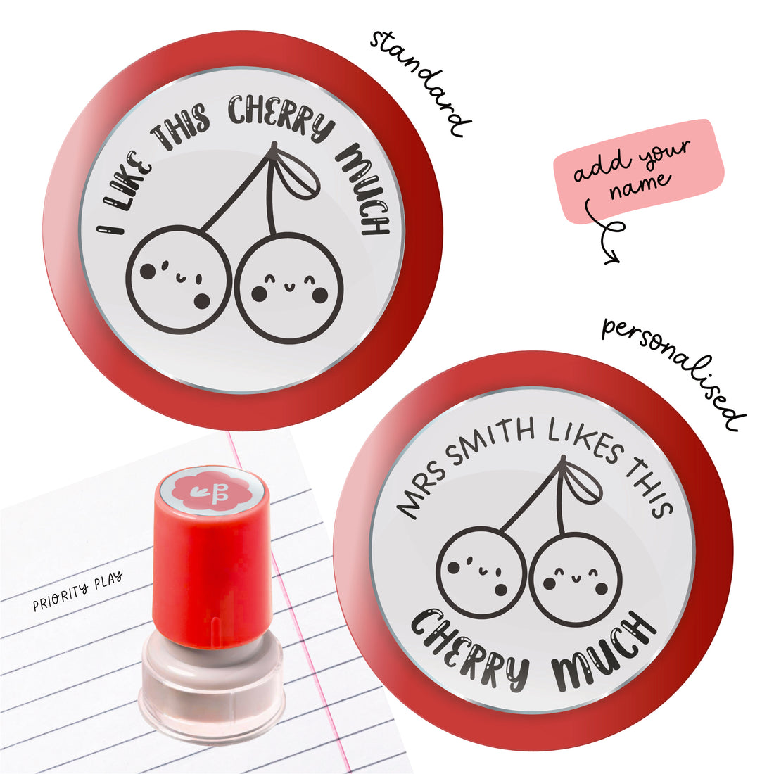 I like this cherry much’ teacher stamp featuring smiling cherries – positive, pun-themed classroom stamp.