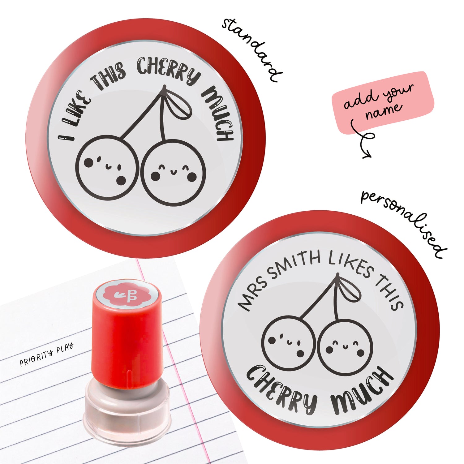 I like this cherry much’ teacher stamp featuring smiling cherries – positive, pun-themed classroom stamp.