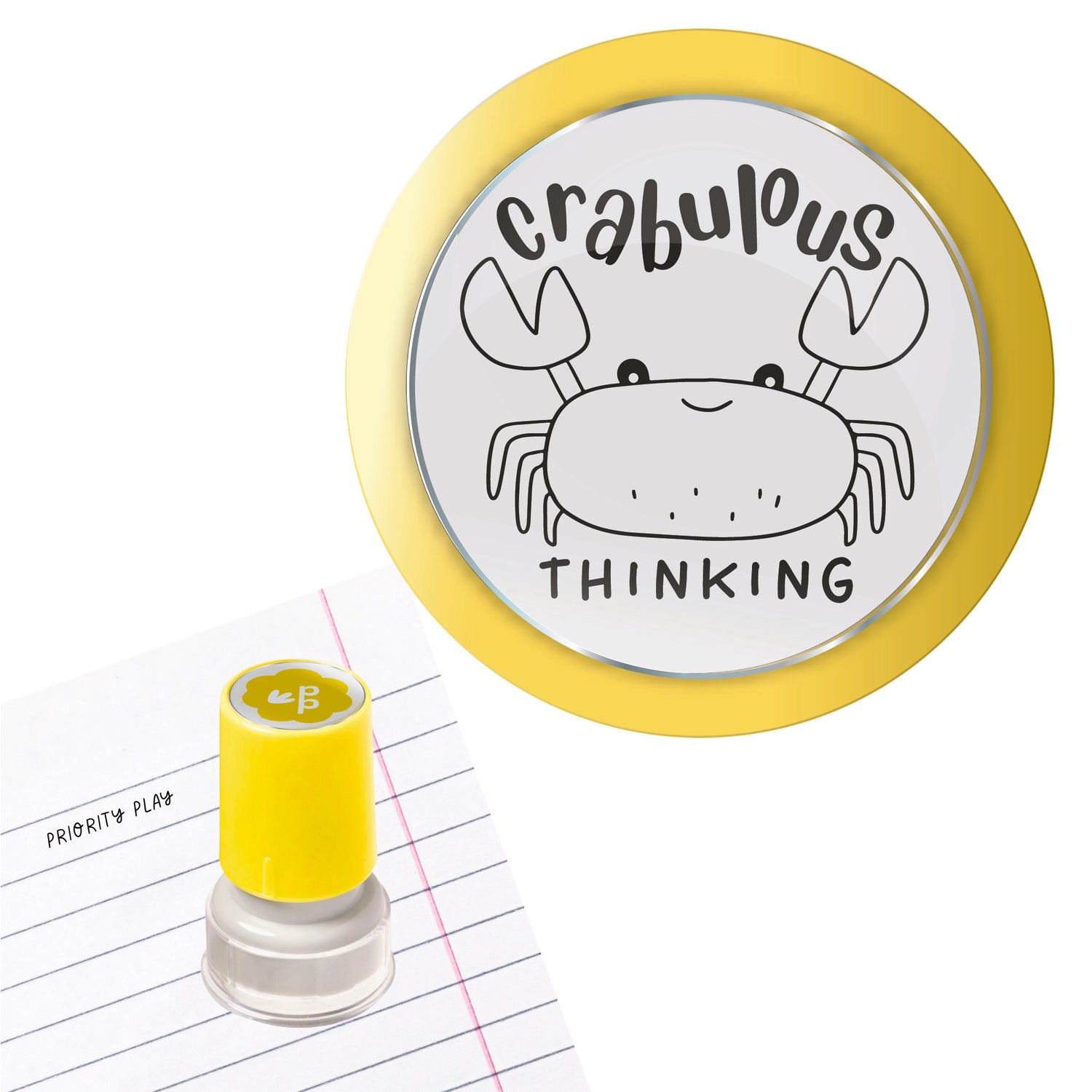 Crab-ulous Thinking teacher stamp with a happy crab illustration, perfect for praising clever ideas