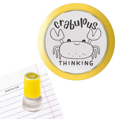 Crab-ulous Thinking teacher stamp with a happy crab illustration, perfect for praising clever ideas