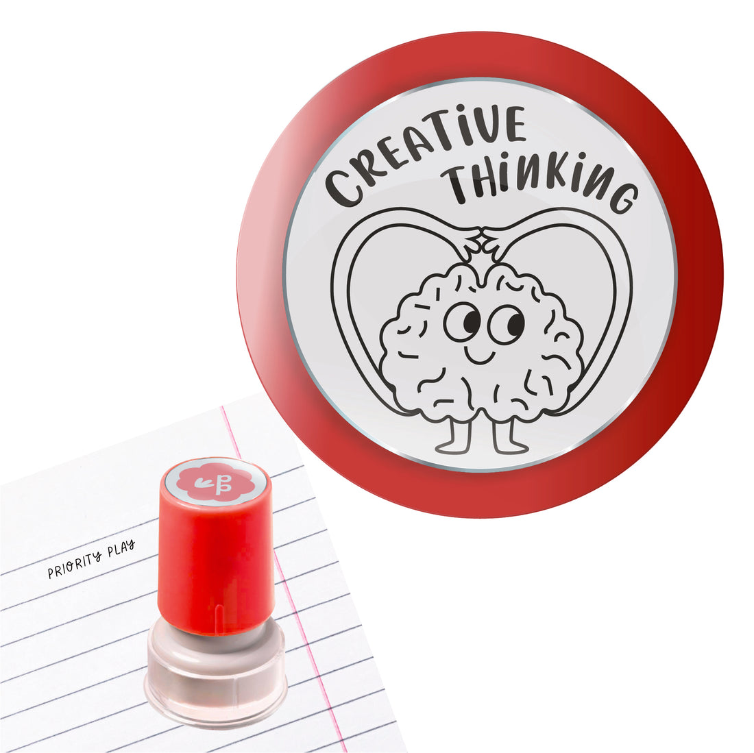 Priority Play creative thinking teacher stamp in red with a happy brain illustration forming a heart shape