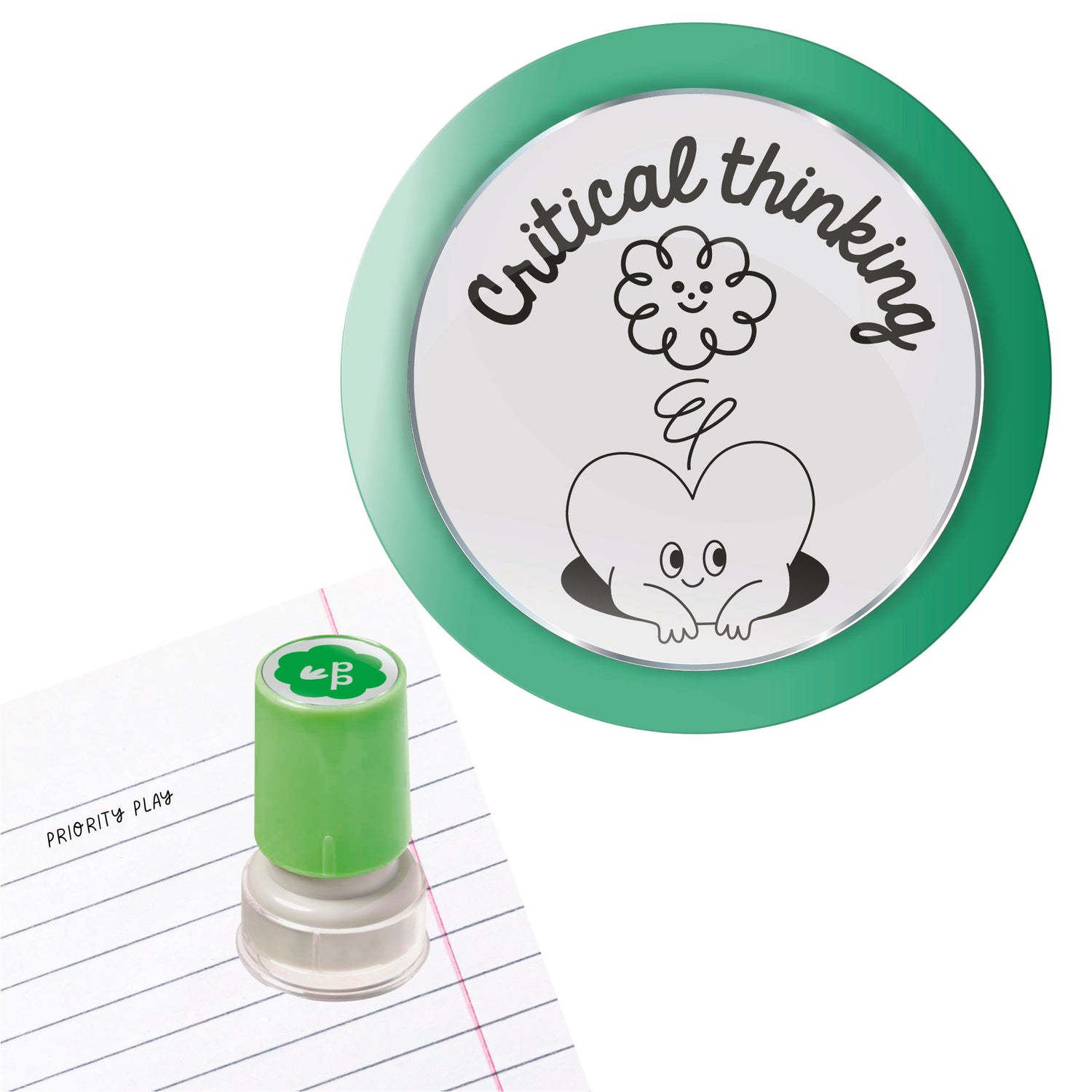 Priority Play critical thinking teacher stamp in green with a cute heart-and-brain character illustration