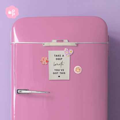 Pastel fridge styled with cute decorative magnets holding a note – aesthetic teacher magnets for home, classroom and organisation.