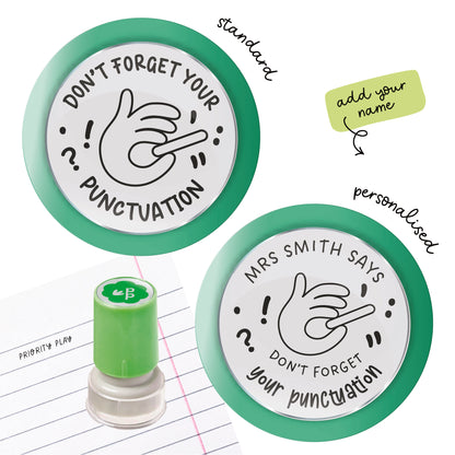Green teacher stamp featuring a hand-gesture illustration and the reminder “Don’t forget your punctuation” with optional personalised text.
