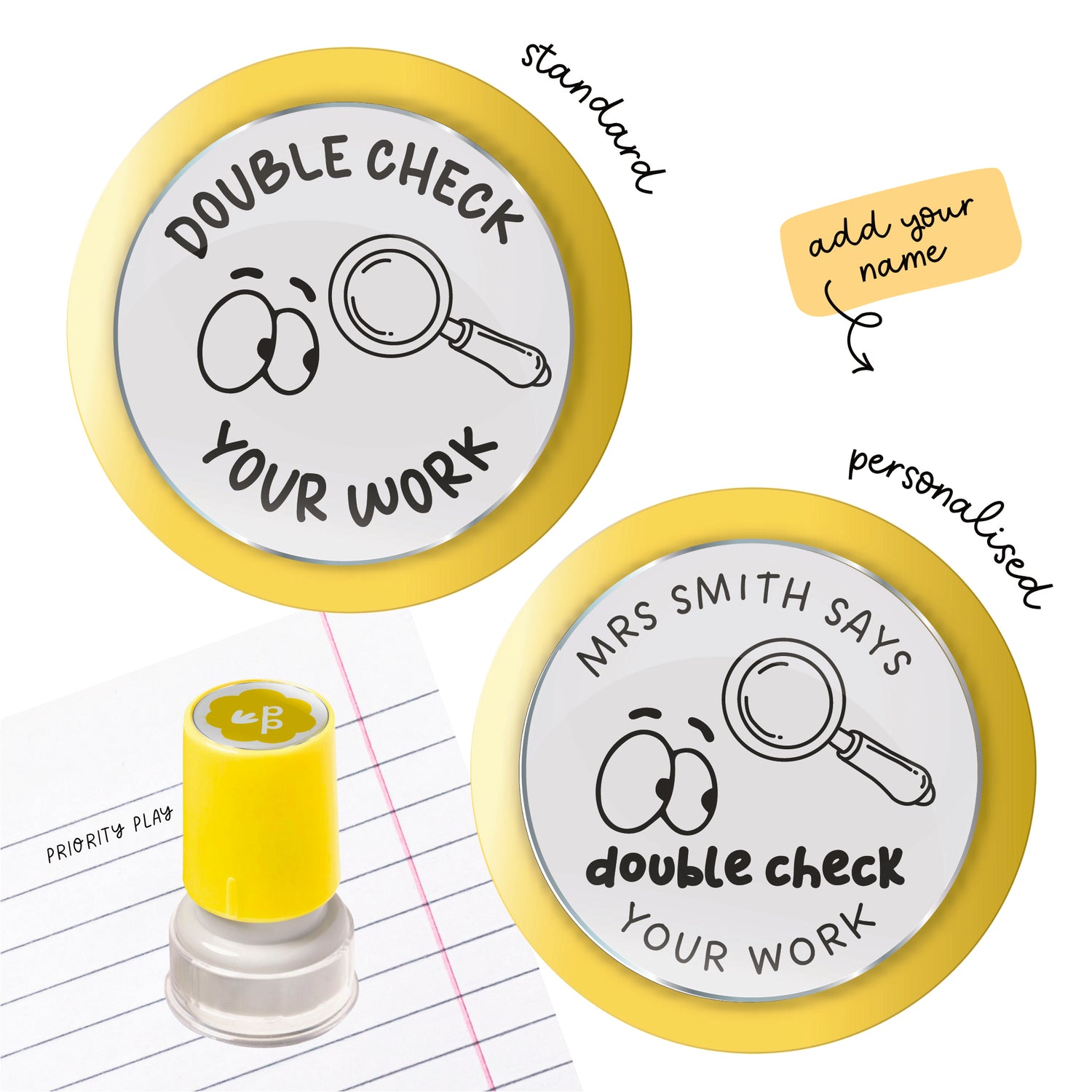Teacher stamp with googly eyes and a magnifying glass illustration and the message “Double check your work.
