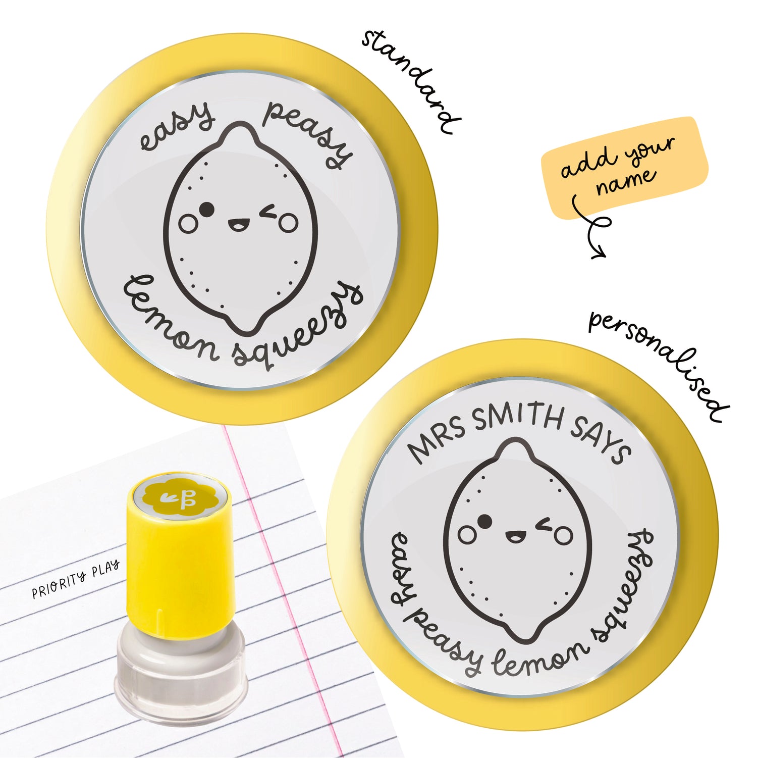 Easy Peasy Lemon Squeezy teacher stamp featuring cute lemon design – fun motivational food pun stamp for classrooms