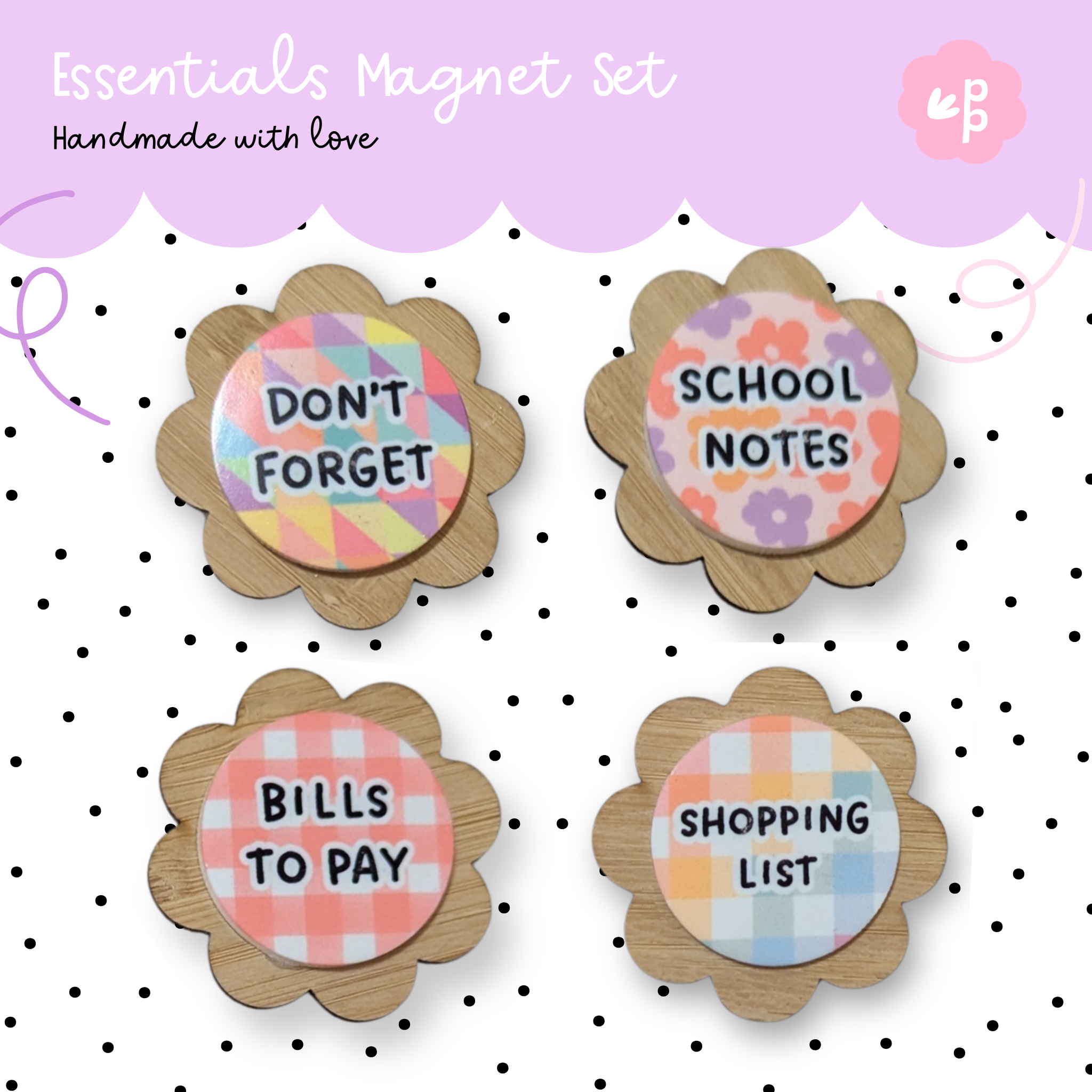 Essentials magnet set with labelled magnets including don’t forget, school notes, bills to pay and shopping list – cute organisational magnets for fridge or classroom.