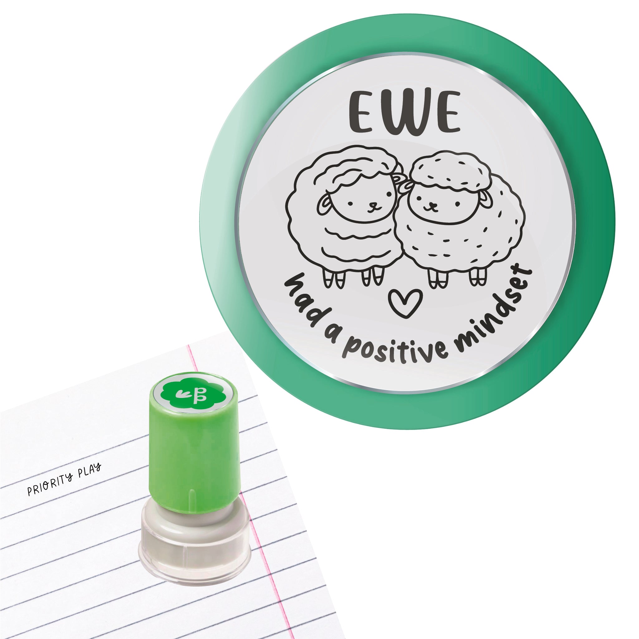 Priority Play ‘Ewe Had a Positive Mindset’ teacher stamp with two fluffy sheep and a heart