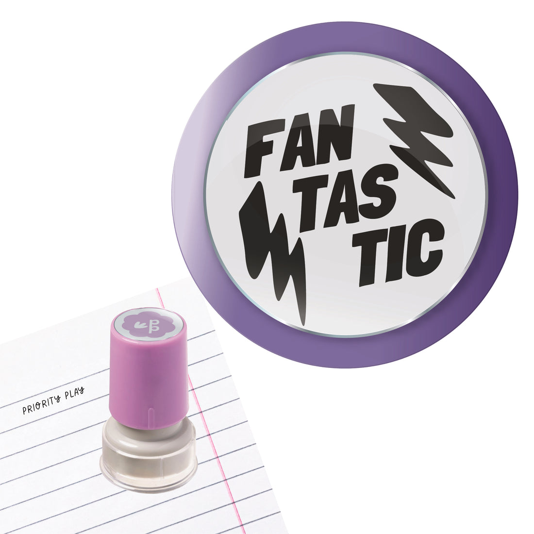 Priority Play “Fantastic” teacher stamp with purple border and lightning bolt icons.
