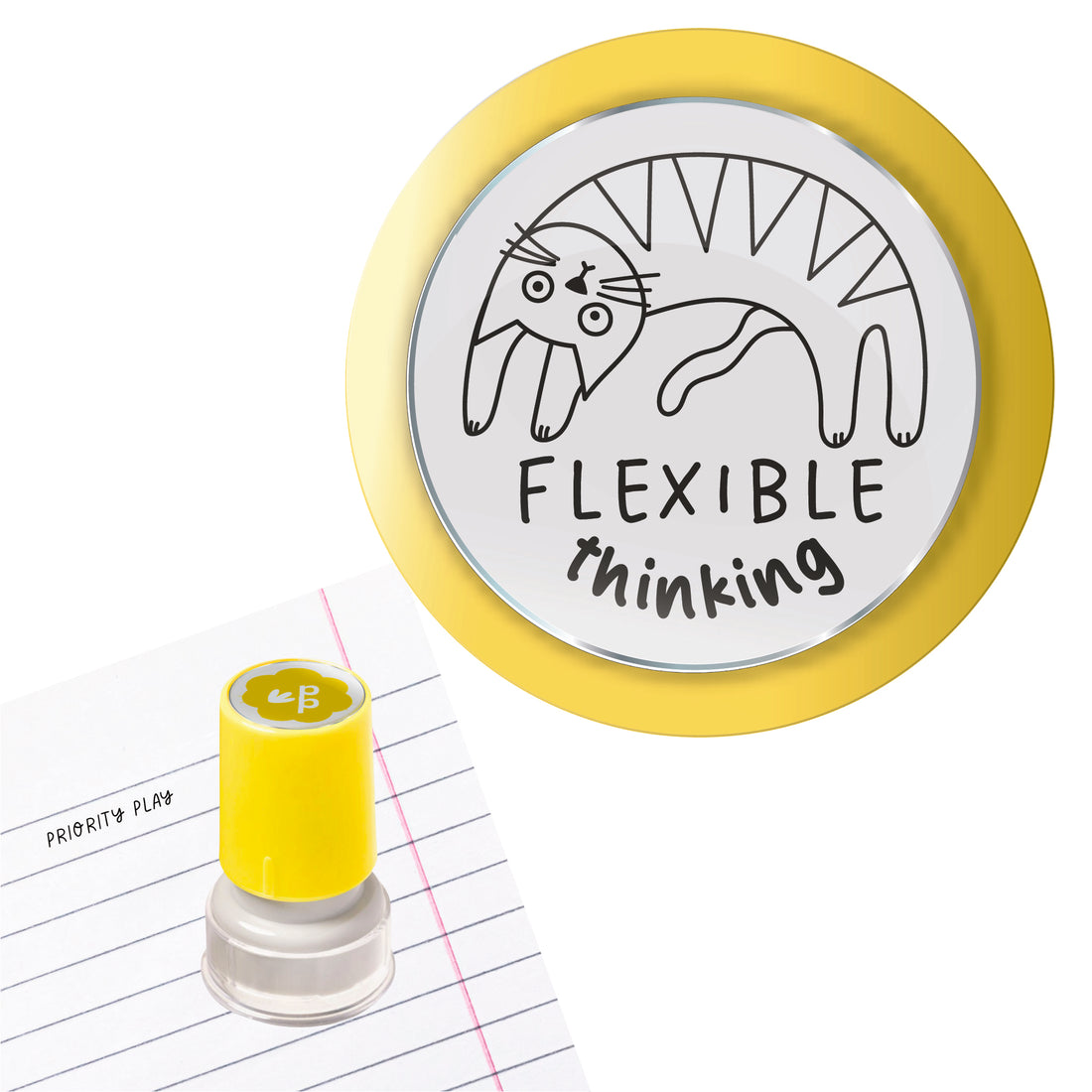 Priority Play flexible thinking teacher stamp in yellow featuring a playful stretching cat illustration