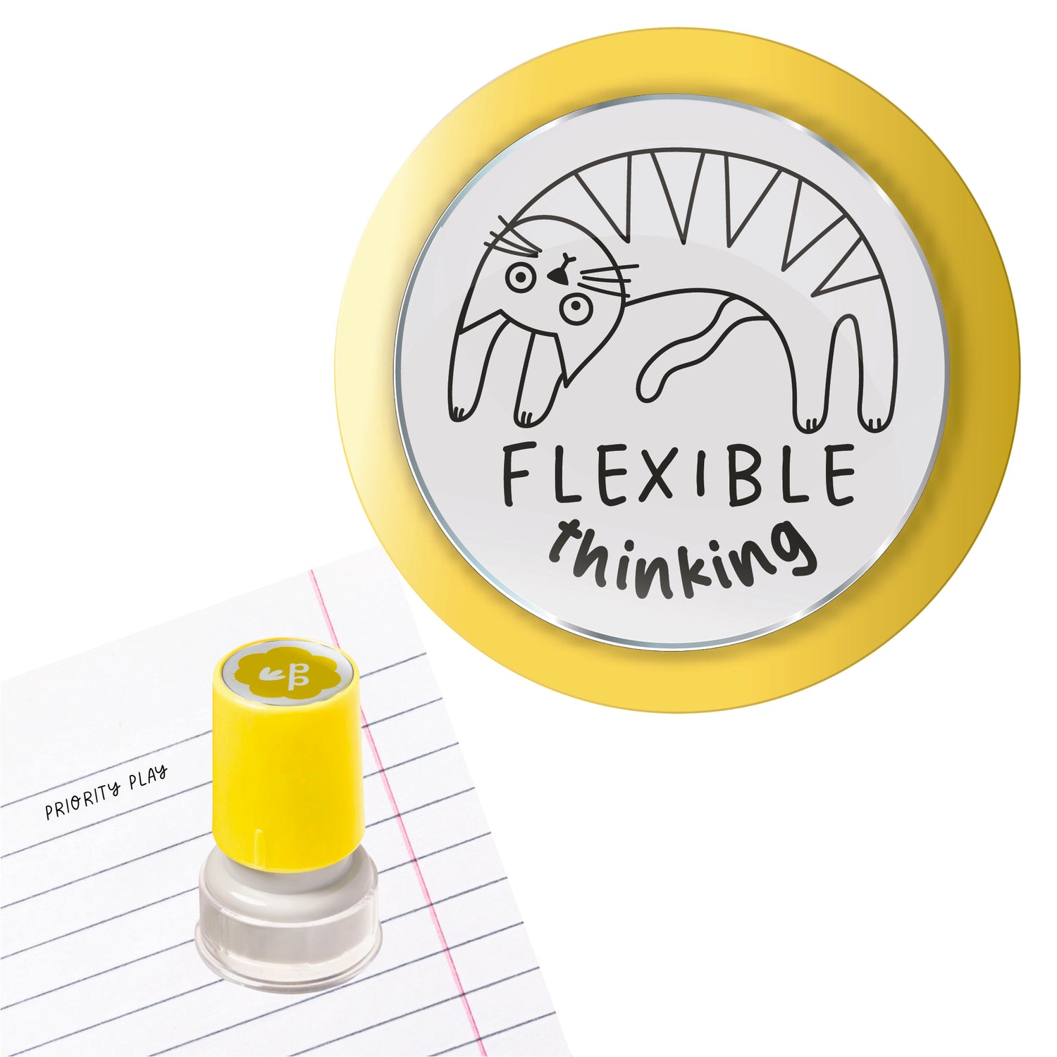 Priority Play flexible thinking teacher stamp in yellow featuring a playful stretching cat illustration