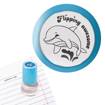 Priority Play ‘Flipping Awesome’ teacher stamp with a cheerful jumping dolphin.