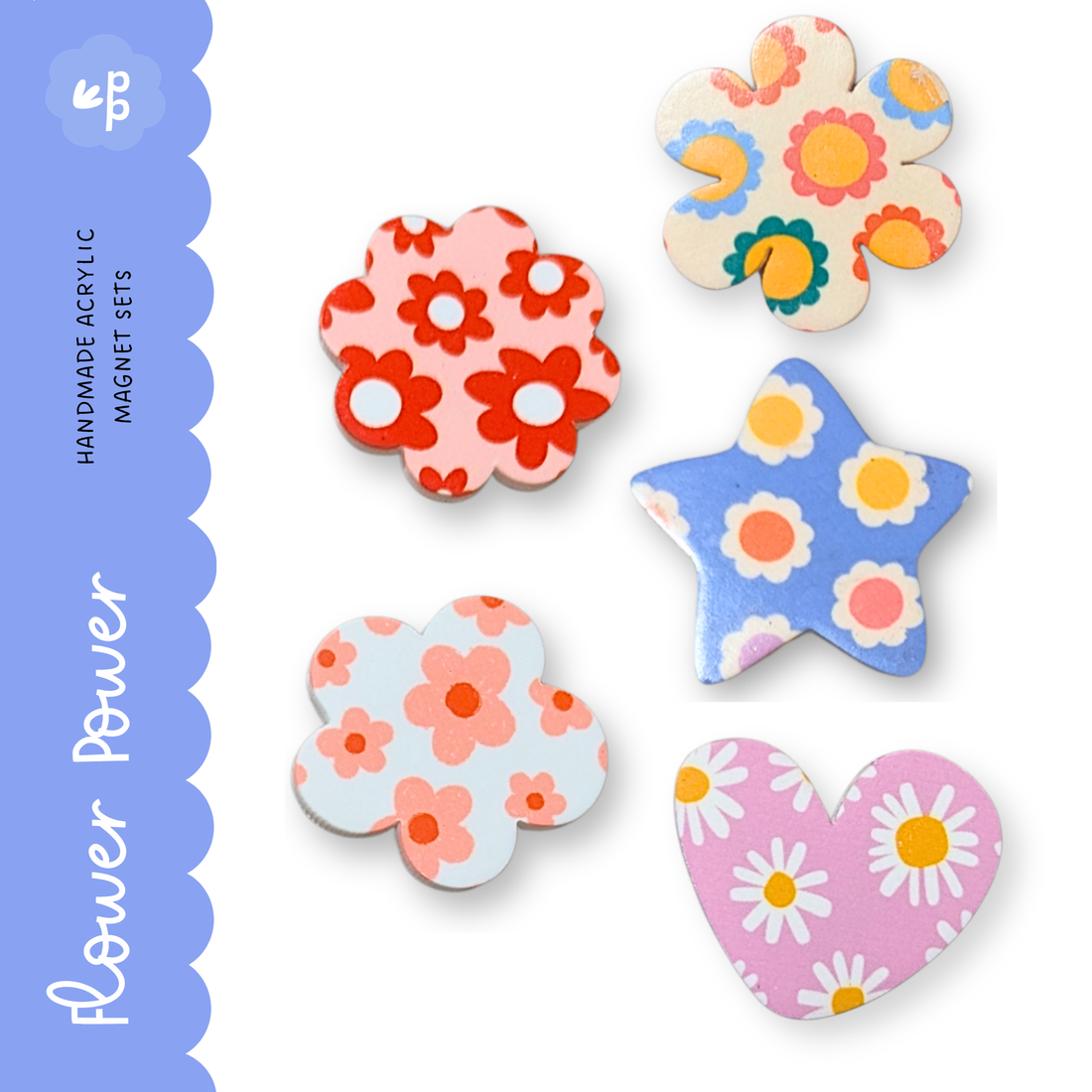 Flower shaped patterned magnet set with retro floral designs in pastel and bright colours – 5 pack of cute classroom magnets for whiteboards and organisation.