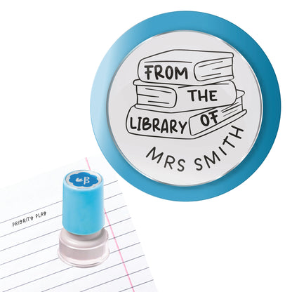 From the library of personalised teacher stamp with stack of books – Priority Play classroom library stamp
