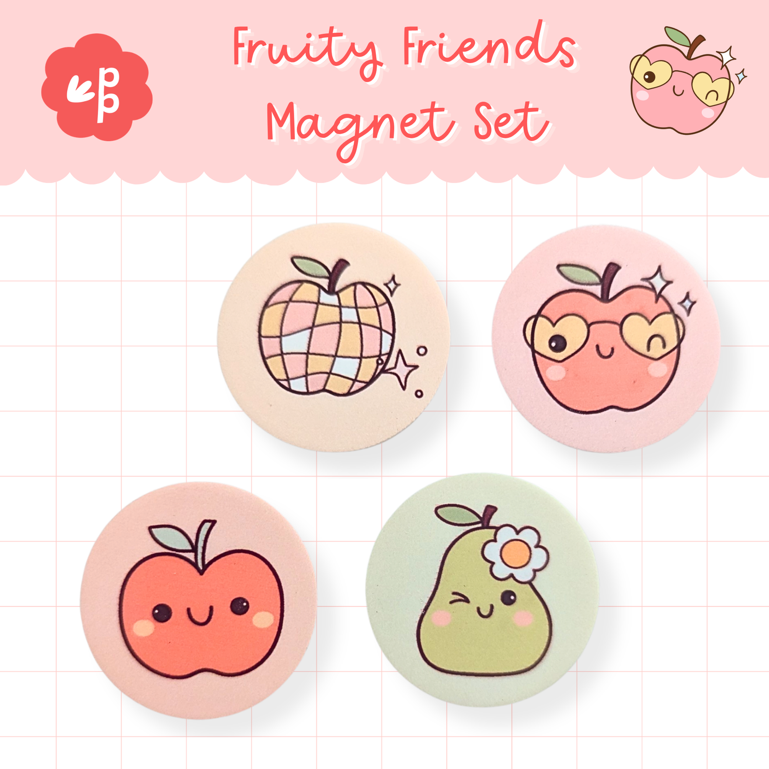 Fruity Friends magnet set featuring apple and pear designs – cute fruit magnets for classroom decor and organisation.