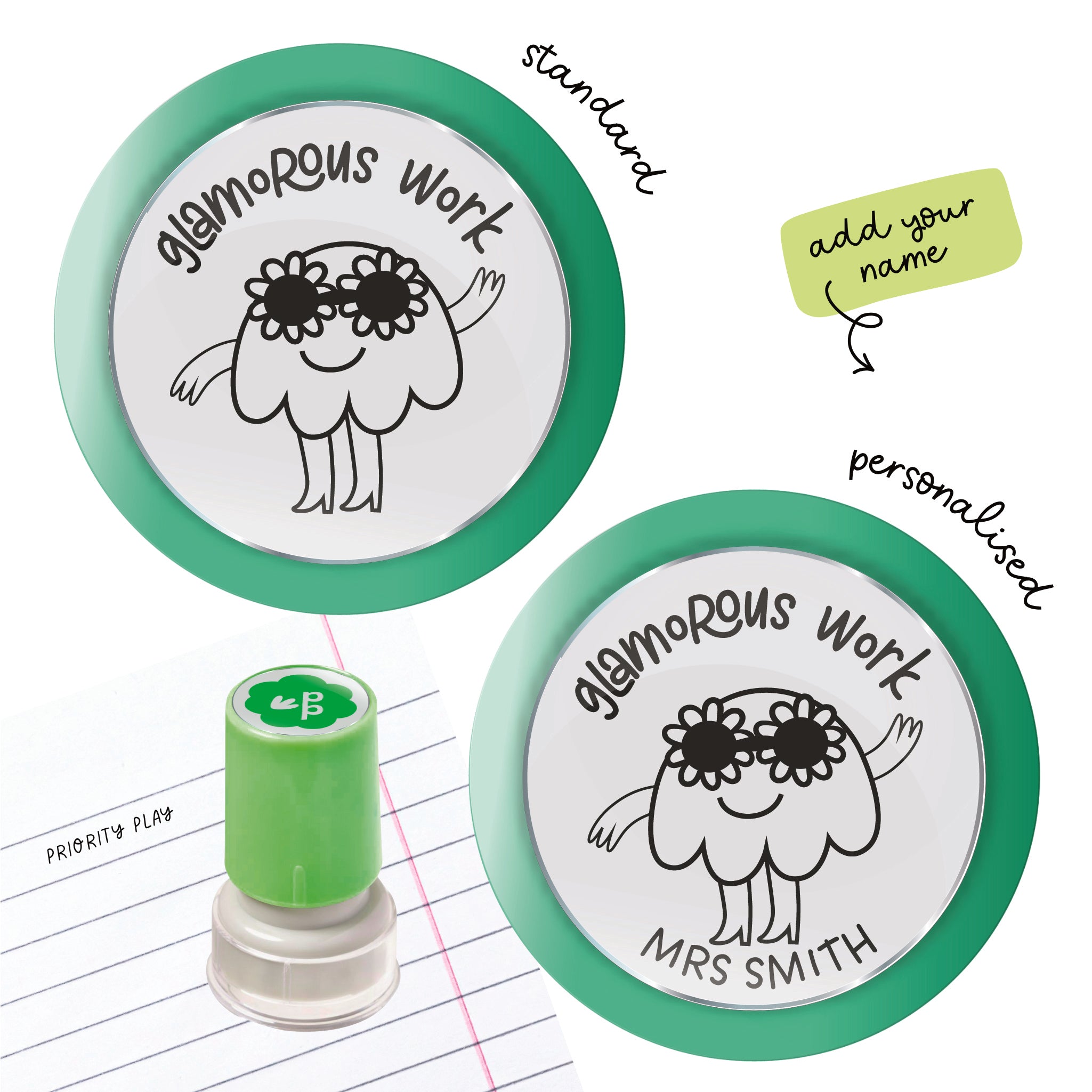 Glamorous Work teacher stamp with a fun flower character in sunglasses, shown in standard and personalised layouts from Priority Play.