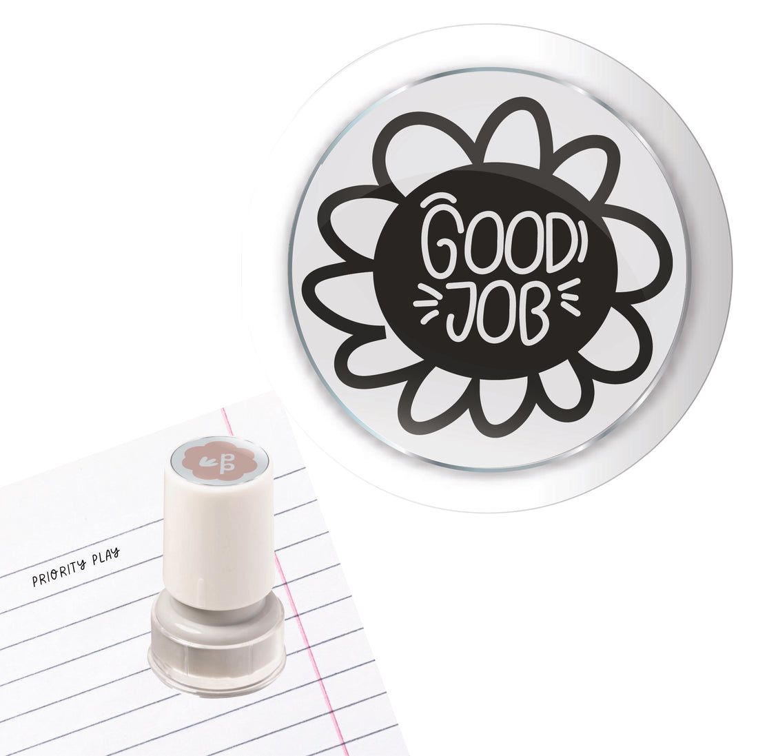 Priority Play “Good Job” teacher stamp with flower-style border on lined paper.
