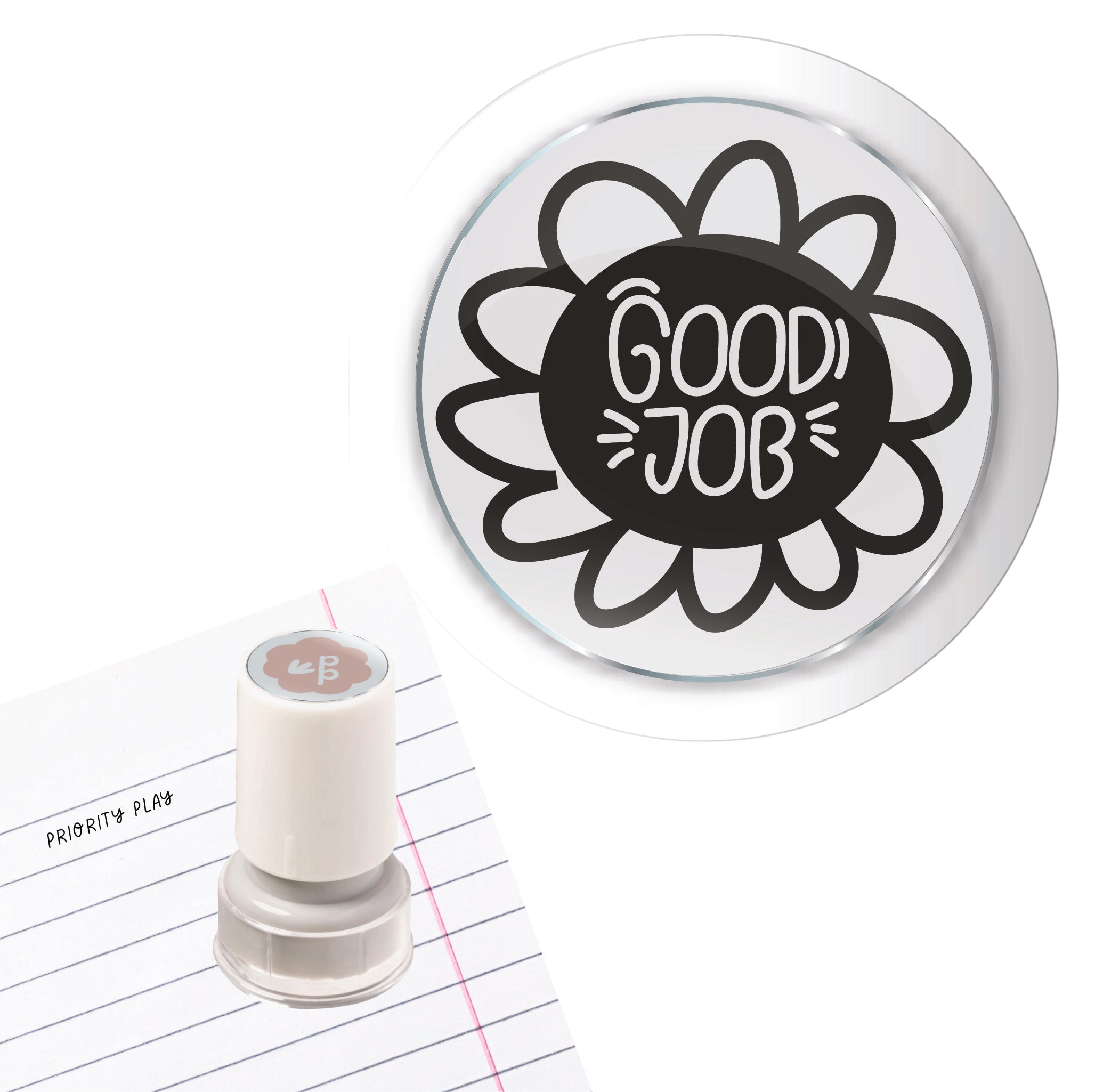 Priority Play “Good Job” teacher stamp with flower-style border on lined paper.
