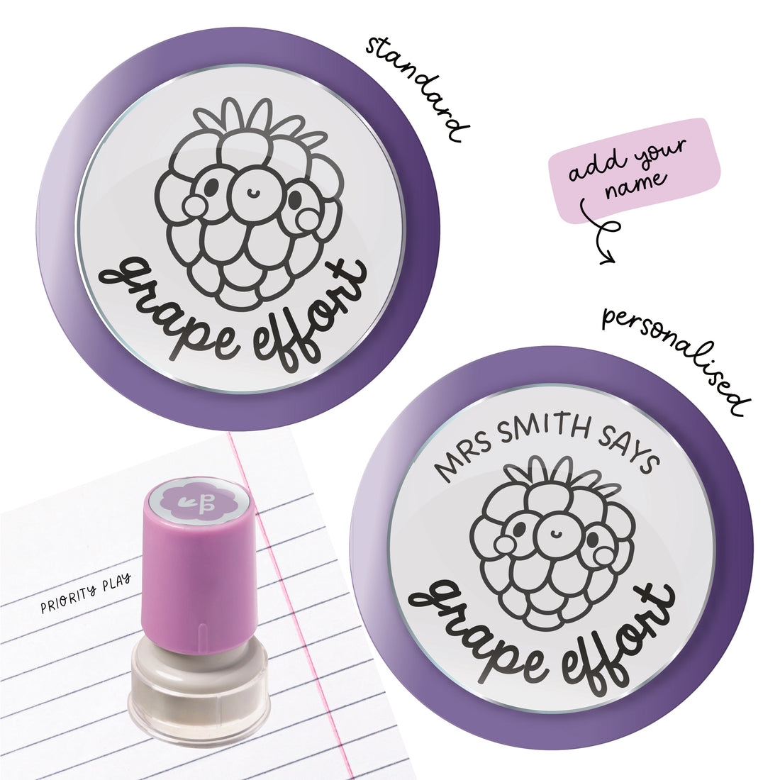 Grape effort teacher stamp with smiling grape cluster – encouraging food pun stamp for marking