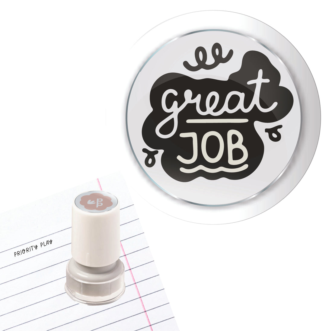 White and grey teacher stamp with bold illustrated wording that reads “Great Job.”