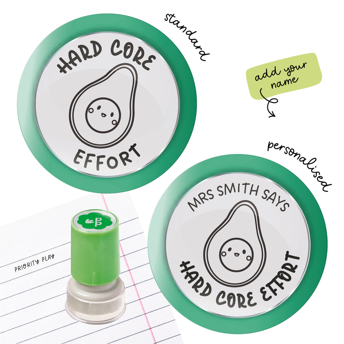 Hard Core Effort avocado teacher stamp – cute food pun classroom reward stamp available personalised with teacher name