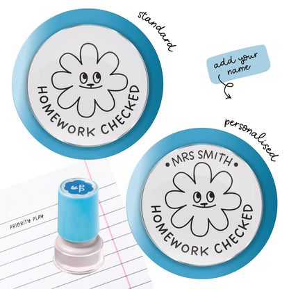 Aqua blue teacher stamp featuring a friendly flower character with the words “Homework Checked