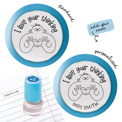 I Love Your Thinking stamp with a cute character forming a heart shape, shown in both standard and personalised versions from Priority Play.
