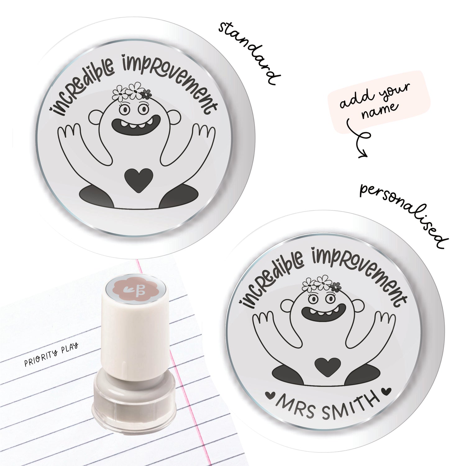 Incredible Improvement teacher stamp with a friendly monster character, available as standard and personalised from Priority Play