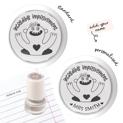 Incredible Improvement teacher stamp with a friendly monster character, available as standard and personalised from Priority Play