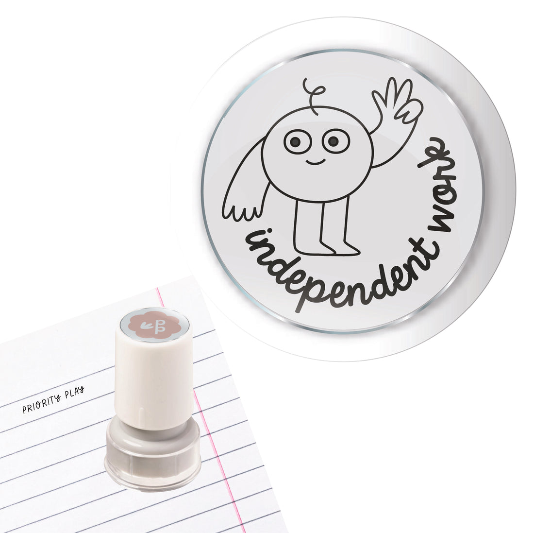 Independent work teacher stamp with smiling character giving an OK hand – Priority Play independence marking stamp.