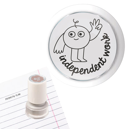 Independent work teacher stamp with smiling character giving an OK hand – Priority Play independence marking stamp.