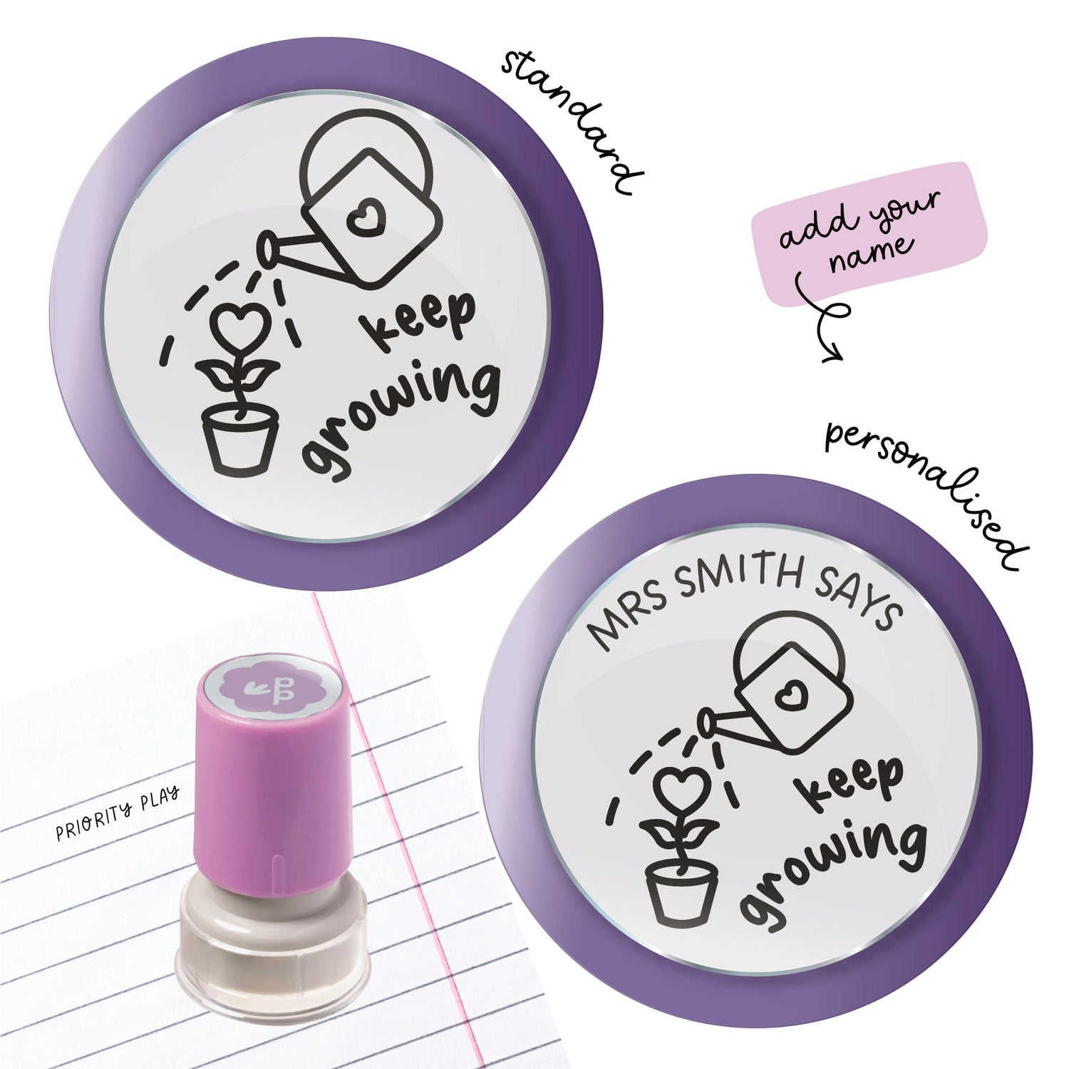 Keep Growing teacher stamp featuring a watering can and heart-shaped plant, shown in standard and personalised versions from Priority Play
