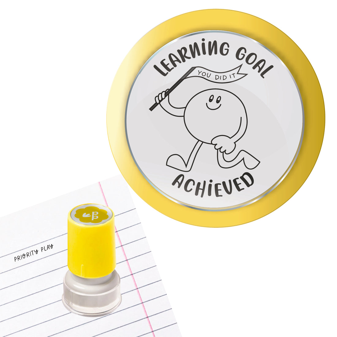 Learning goal achieved teacher stamp with character holding flag – Priority Play achievement stamp.