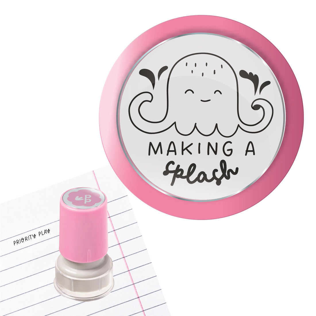 Priority Play ‘Making a Splash’ teacher stamp featuring a smiling octopus with splash marks