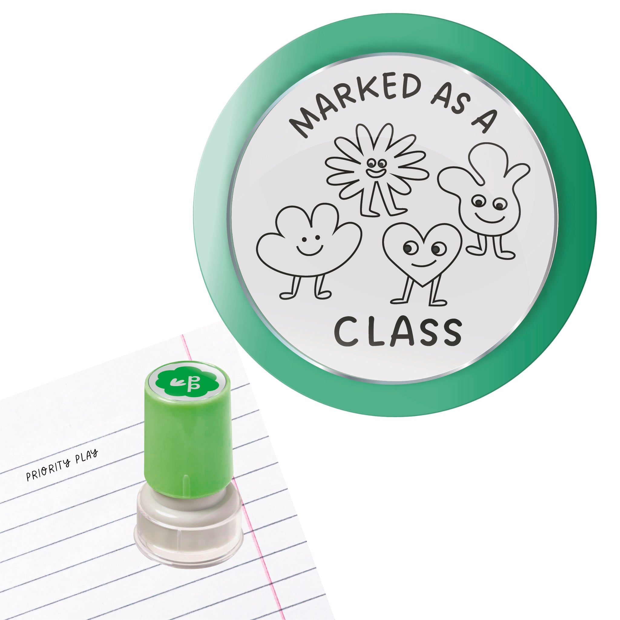 Marked as a class teacher stamp with four cute character icons – Priority Play whole-class marking stamp.