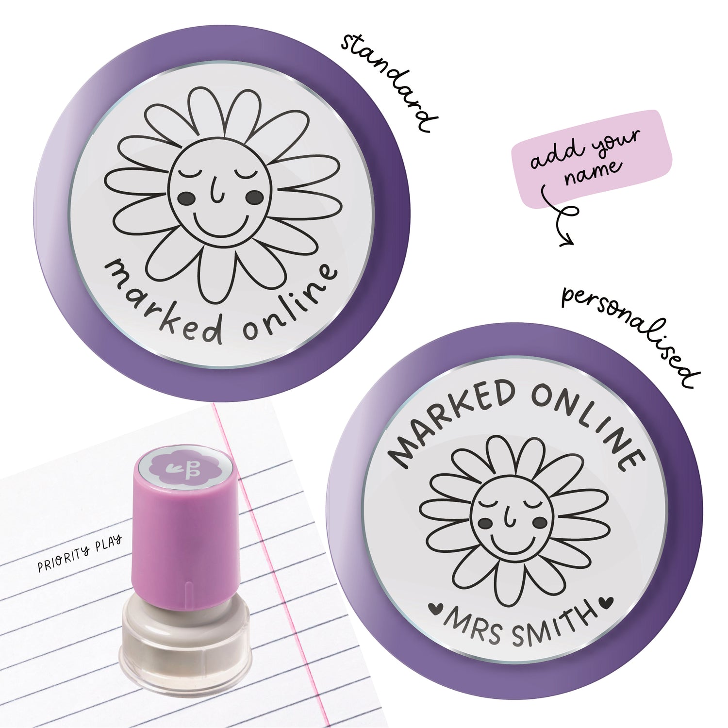 Marked Online teacher stamp with smiling flower icon – digital marking classroom stamp by Priority Play
