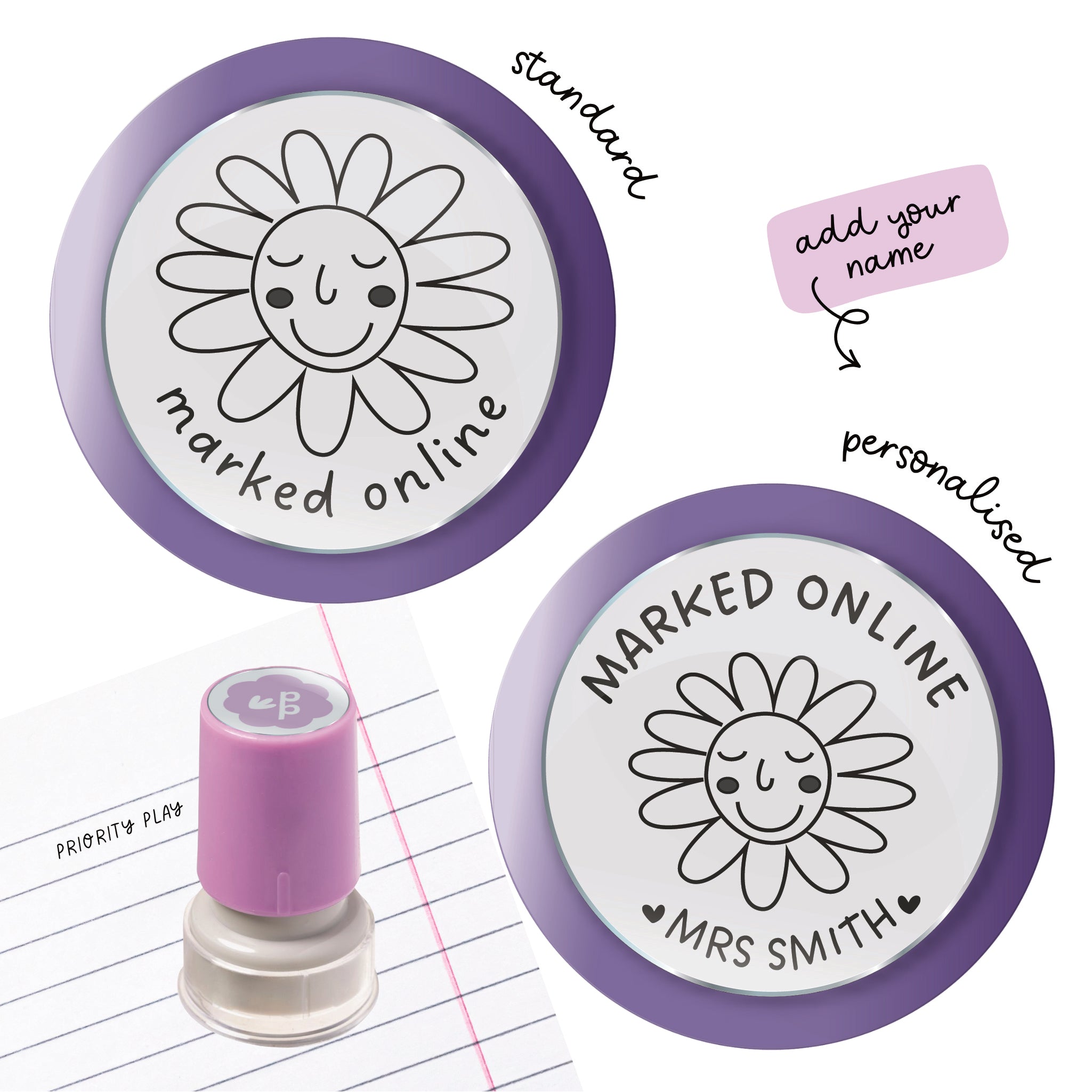 Marked Online teacher stamp with smiling flower icon – digital marking classroom stamp by Priority Play