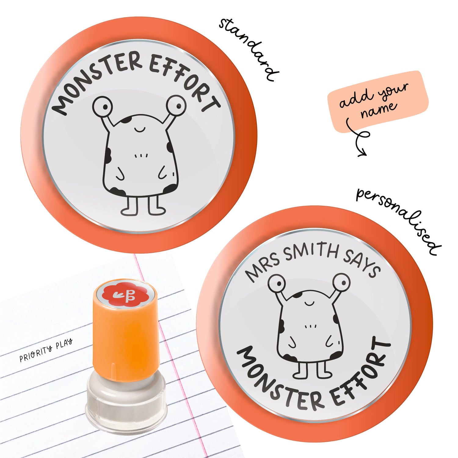 Monster Effort teacher stamp featuring a cute two-eyed monster, shown in standard and personalised versions from Priority Play.