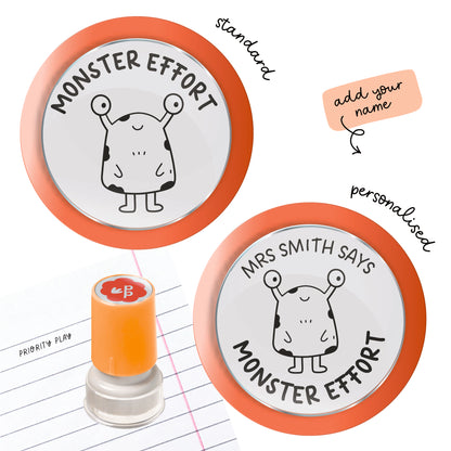 Monster Effort teacher stamp featuring a cute two-eyed monster, shown in standard and personalised versions from Priority Play.